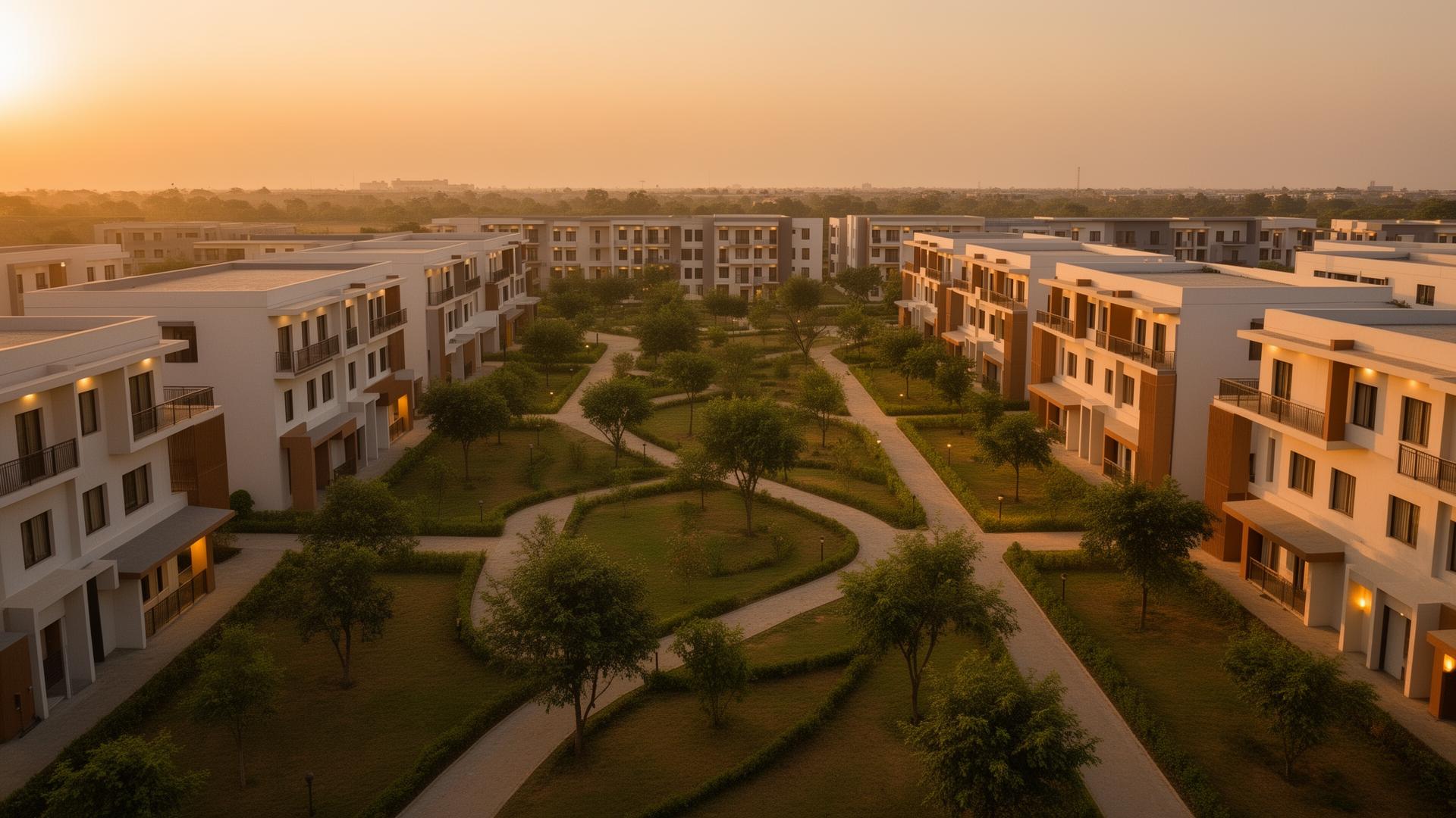 Aerial view of a modern worker accommodation campus at golden hour