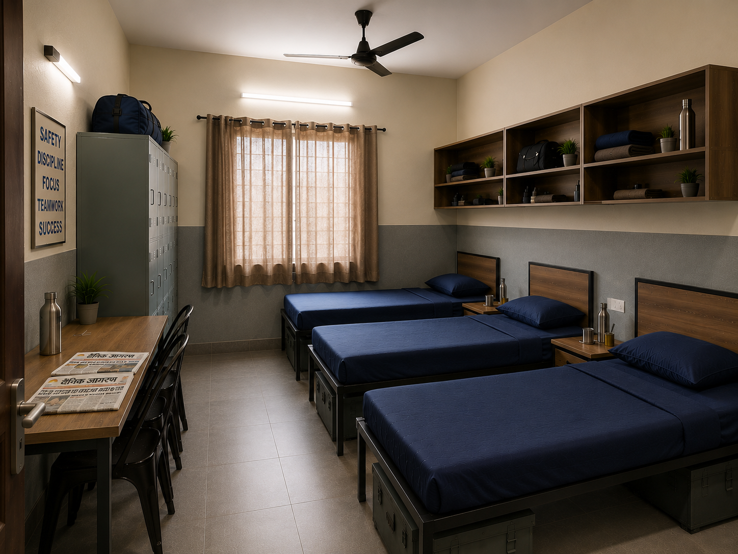 Bright, clean dormitory interior with bunk beds, lockers and natural light